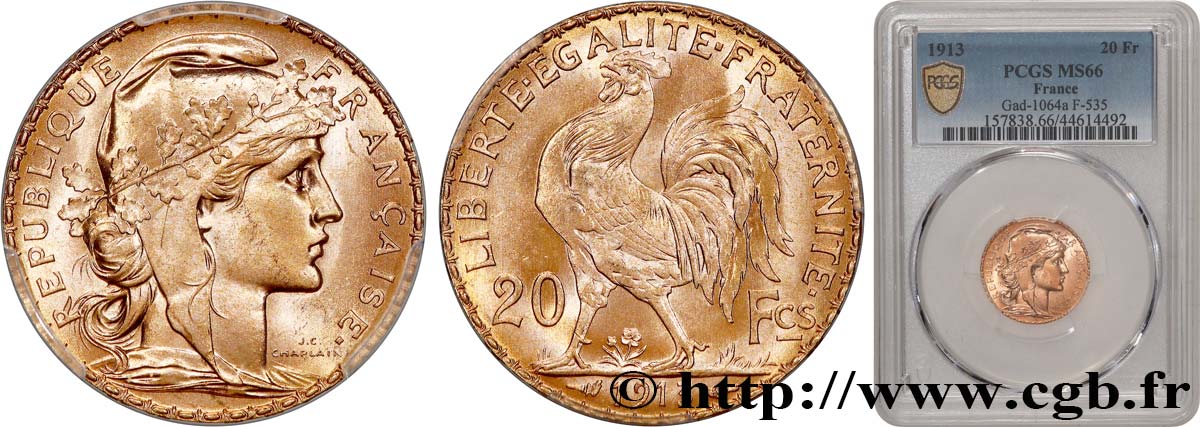 20 francs or Coq, Liberté Égalité Fraternité 1913 Paris F.535/7 FDC66 PCGS