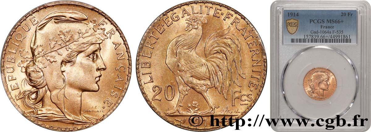 20 francs or Coq, Liberté Égalité Fraternité 1914 Paris F.535/8 MS66 PCGS