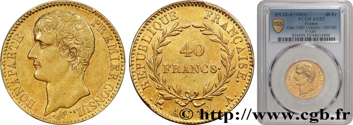 40 francs or Bonaparte Premier Consul 1804 Paris F.536/6 AU53 PCGS