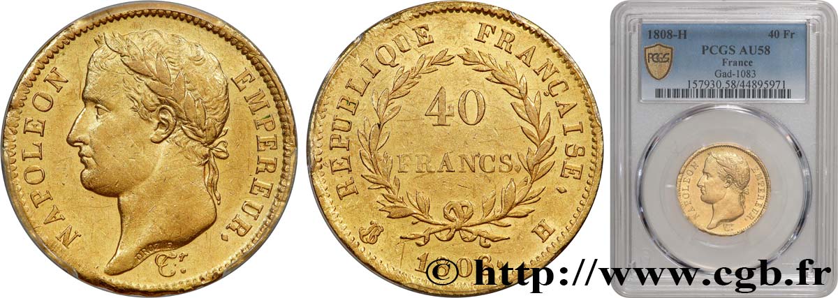 40 francs or Napoléon tête laurée, République française 1808 La Rochelle F.540/3 AU58 PCGS