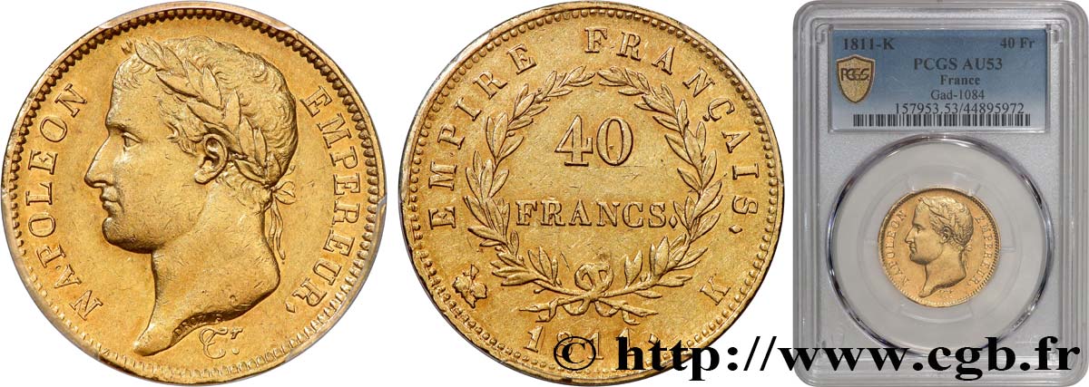 40 francs or Napoléon tête laurée, Empire français 1811 Bordeaux F.541/8 AU53 PCGS