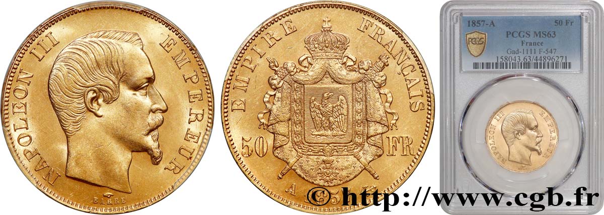 50 francs or Napoléon III, tête nue 1857 Paris F.547/4 MS63 PCGS