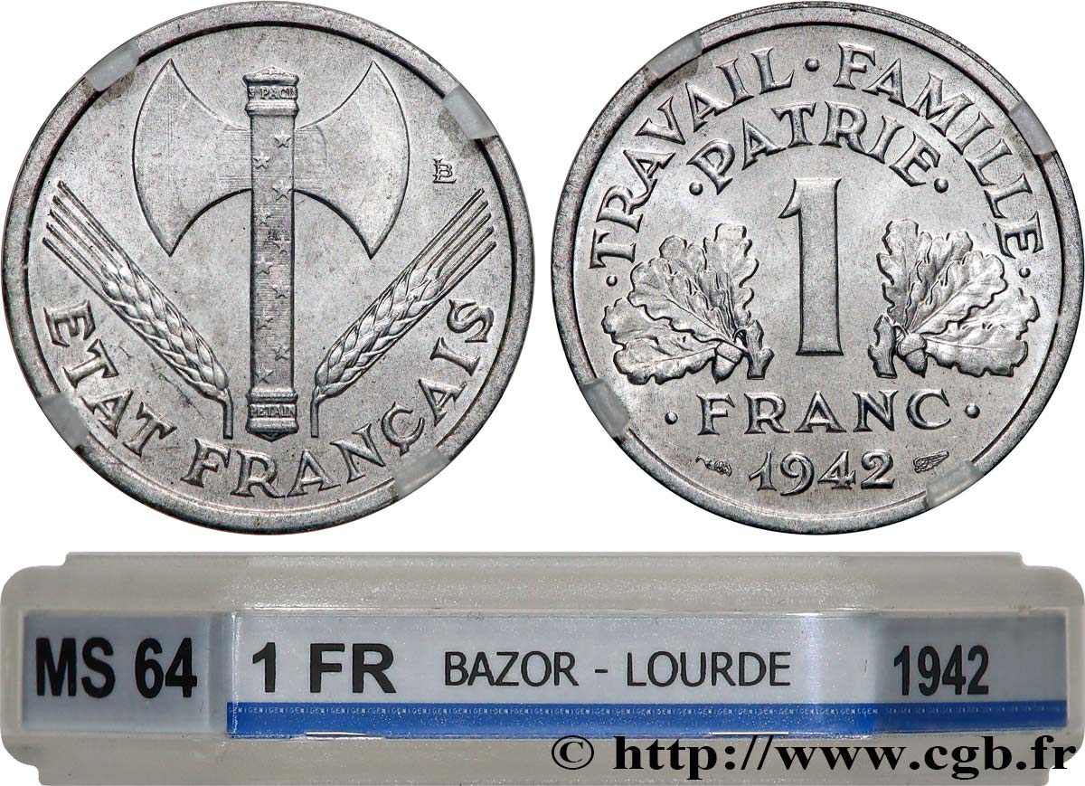 1 franc Francisque, lourde 1942  F.222/3 MS64 GENI
