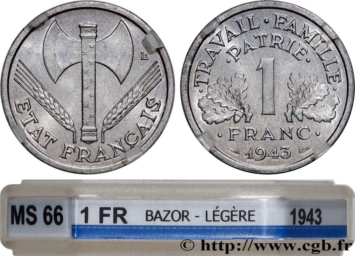 1 franc Francisque, légère 1943  F.223/3 FDC66 GENI