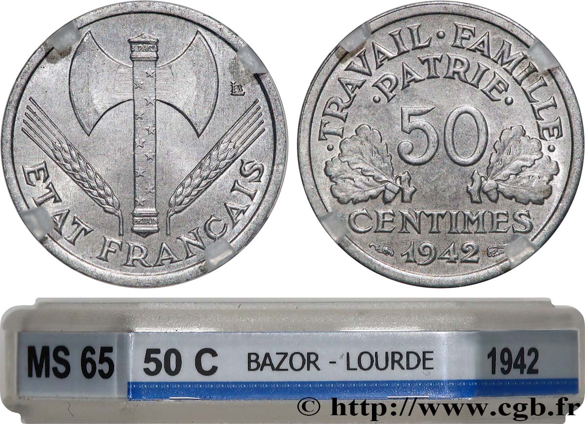 50 centimes Francisque, lourde 1942 Paris F.195/3 MS65 GENI