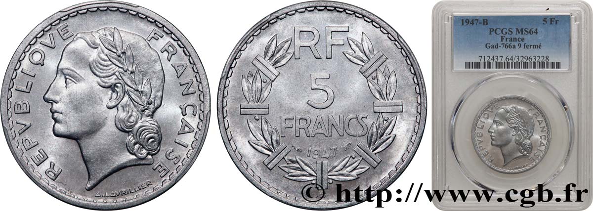 5 francs Lavrillier, aluminium 1947 Beaumont-Le-Roger F.339/12 MS64 PCGS