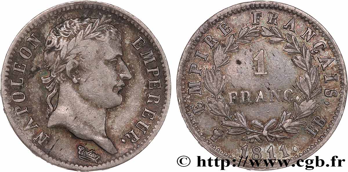 1 franc Napoléon Ier tête laurée, Empire français 1811 Strasbourg F.205/30 BB 