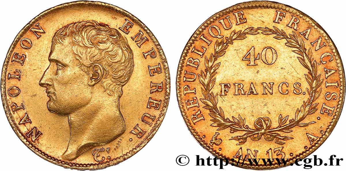 40 francs or Napoléon tête nue, Calendrier révolutionnaire 1805 Paris F.537/1 AU 