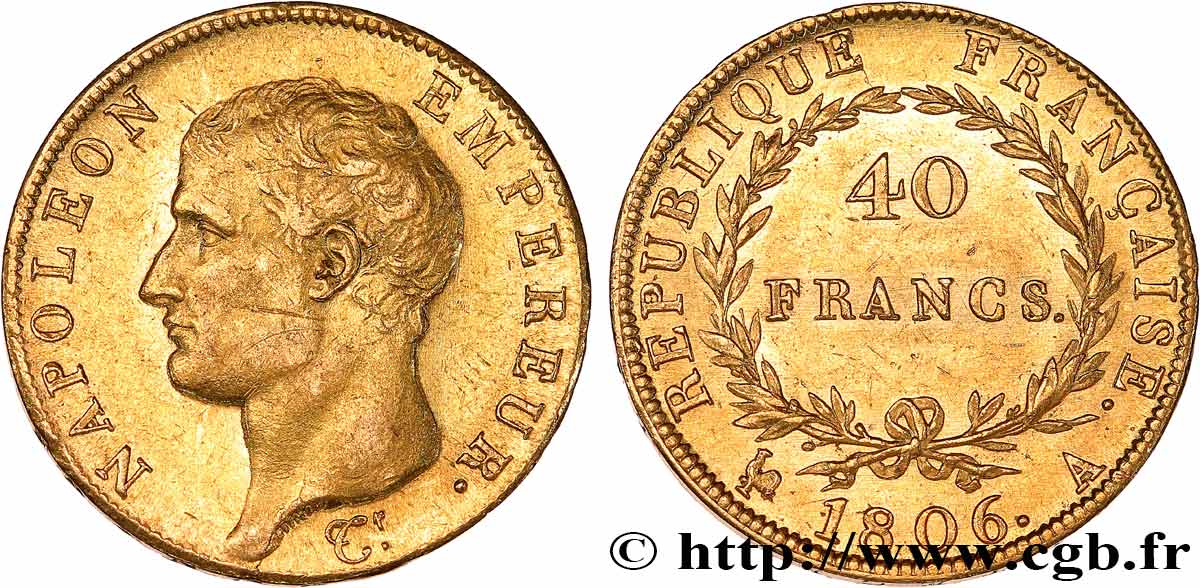 40 francs or Napoléon tête nue, Calendrier grégorien 1806 Paris F.538/1 VZ 