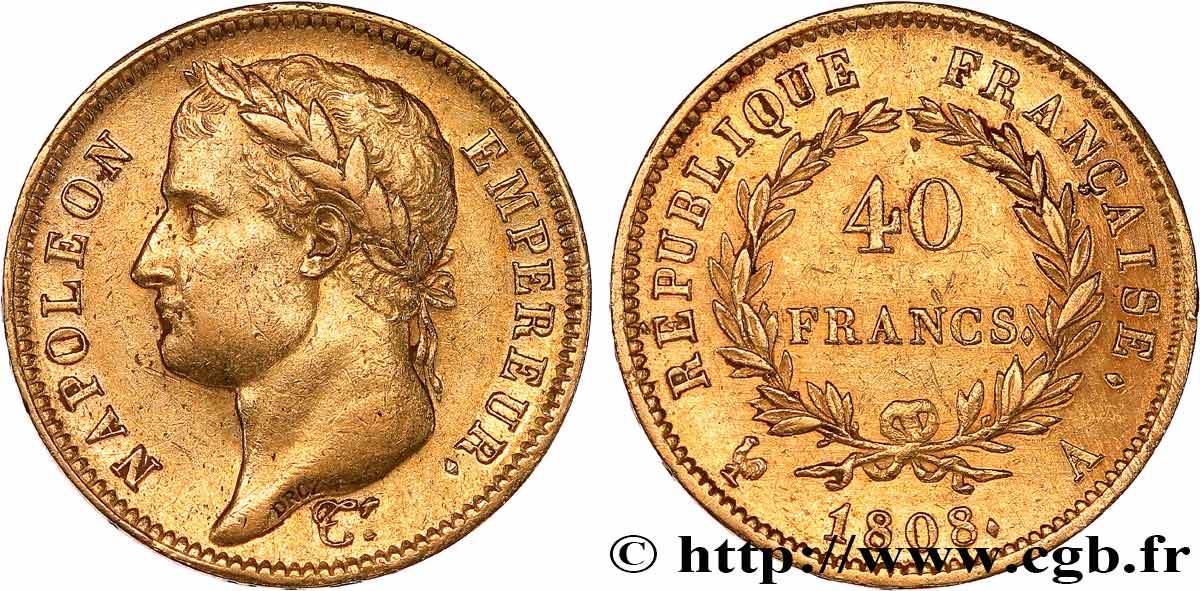 40 francs or Napoléon Ier tête laurée, République française 1808 Paris F.540/2 TTB 