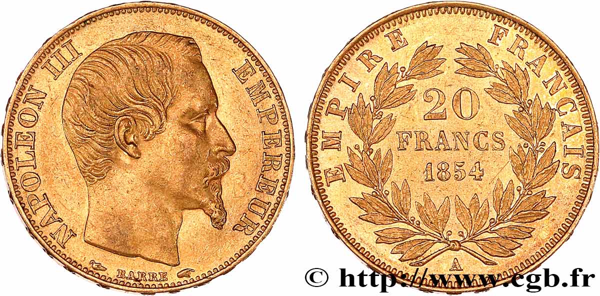 20 francs or Napoléon III, tête nue 1854 Paris F.531/2 SPL58 