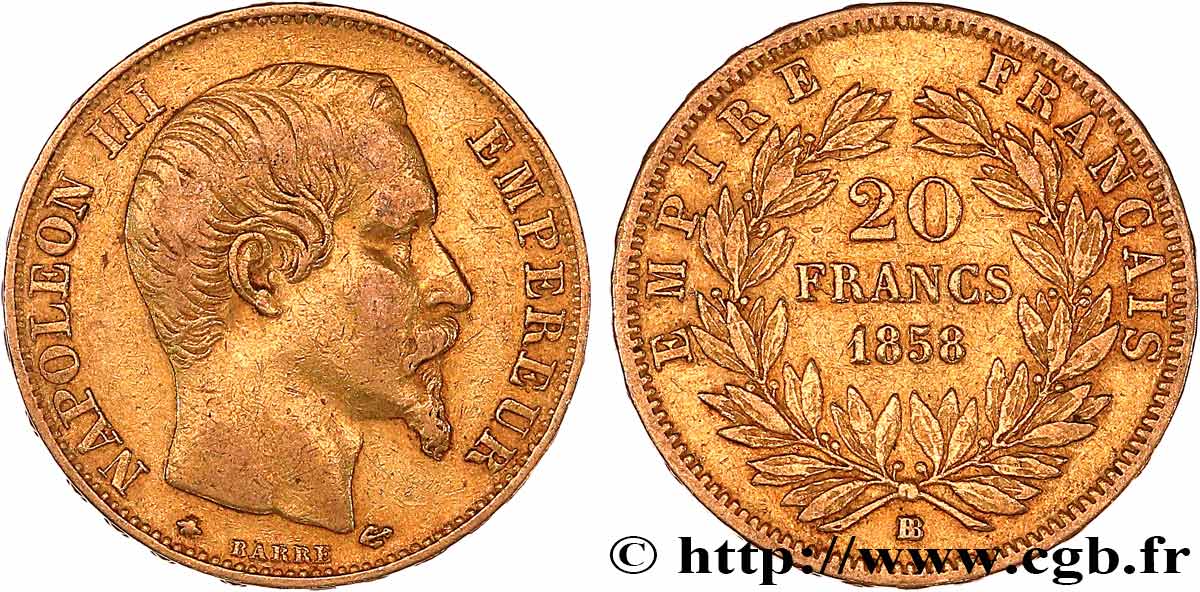 20 francs or Napoléon III, tête nue 1858 Strasbourg F.531/14 XF 
