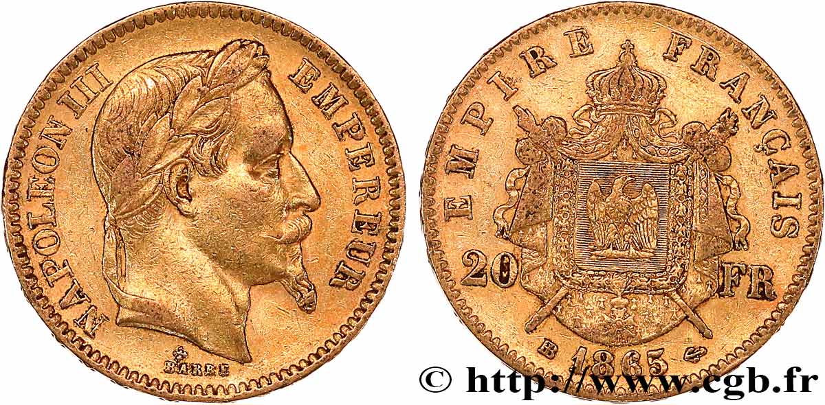 20 francs or Napoléon III, tête laurée 1865 Strasbourg F.532/12 TTB 