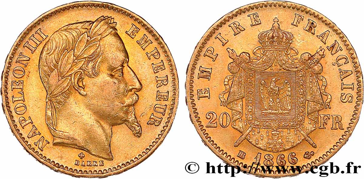 20 francs or Napoléon III, tête laurée 1866 Strasbourg F.532/14 fVZ 