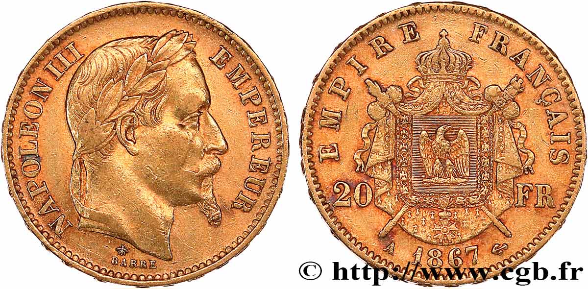 20 francs or Napoléon III, tête laurée 1867 Paris F.532/15 TTB 