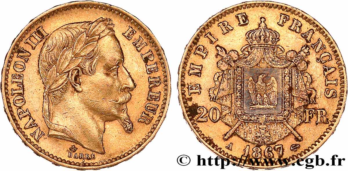 20 francs or Napoléon III, tête laurée 1867 Paris F.532/15 TTB 