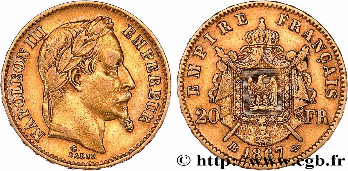20 francs or Napoléon III, tête laurée, Grand BB 1867 Strasbourg F.532/17 TTB 