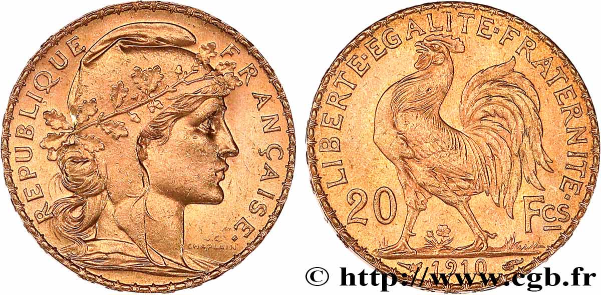 20 francs or Coq, Liberté Égalité Fraternité 1910 Paris F.535/4 EBC+ 