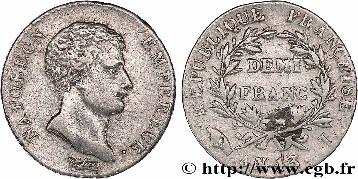 Demi-franc Napoléon Empereur, Calendrier révolutionnaire 1805 Limoges F.174/16 VF 