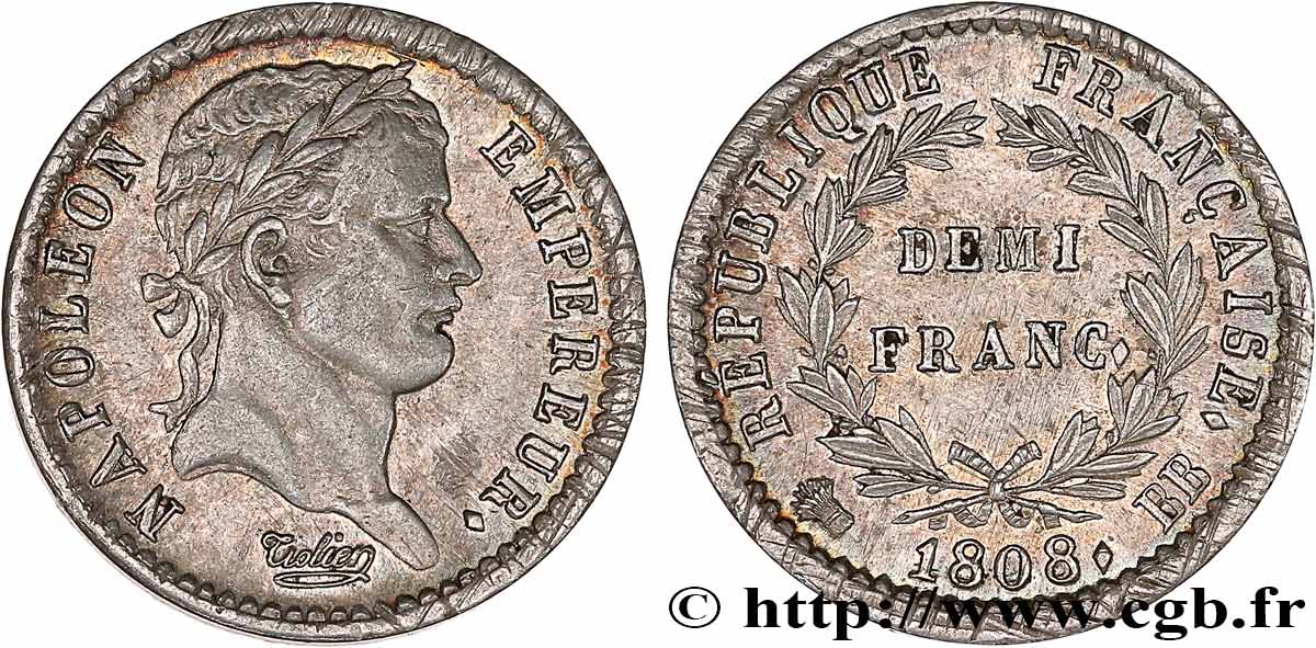 Demi-franc Napoléon Ier tête laurée, République française, buste fin 1808 Strasbourg F.177/4 TTB+ 
