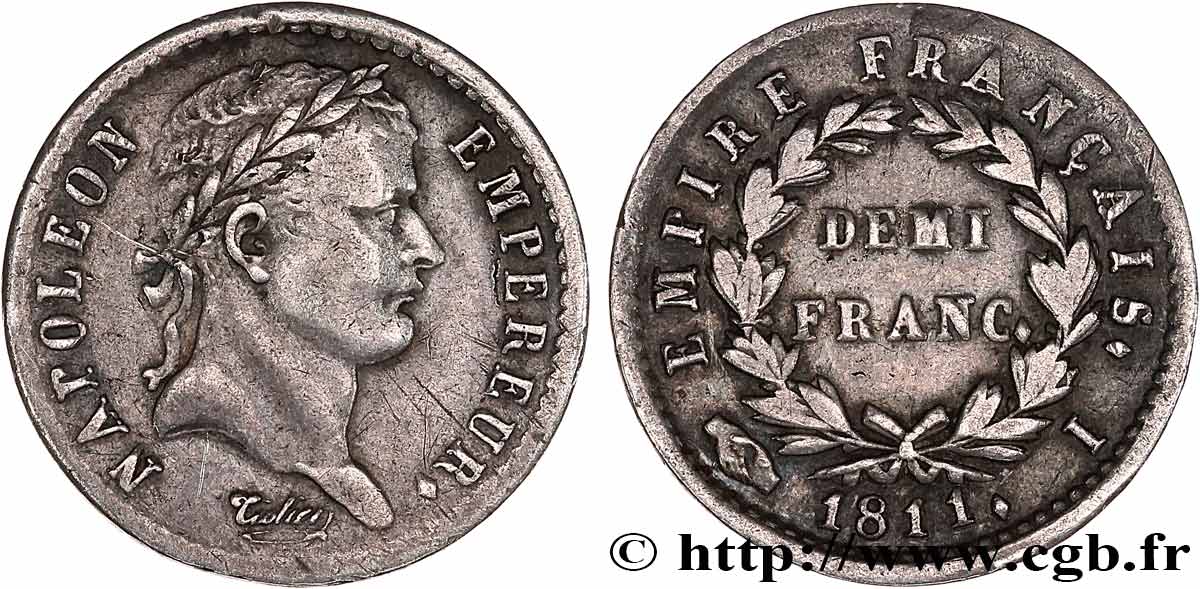 Demi-franc Napoléon Ier tête laurée, Empire français 1811 Limoges F.178/26 q.BB 