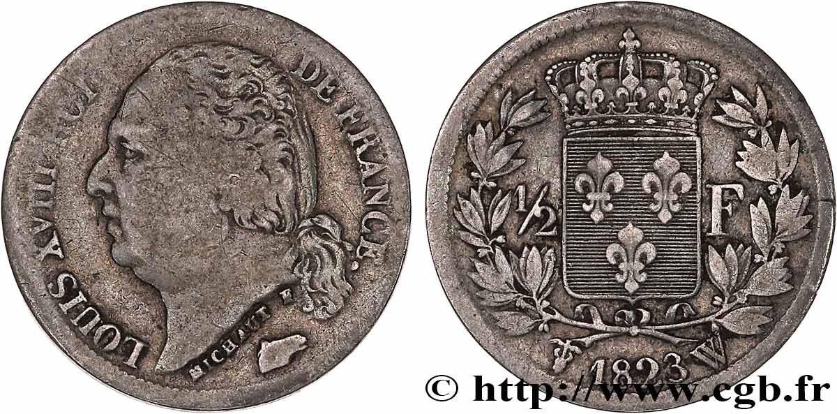 1/2 franc Louis XVIII 1823 Lille F.179/42 VF20 