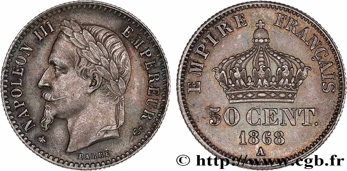 50 centimes Napoléon III, tête laurée 1868 Paris F.188/20 VZ58 