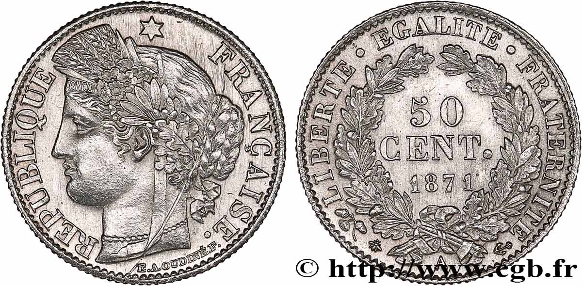 50 centimes Cérès, Troisième République 1871 Paris F.189/1 AU 