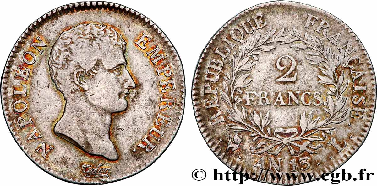 2 francs Napoléon Empereur, Calendrier révolutionnaire 1805 Bayonne F.251/20 BC+ 