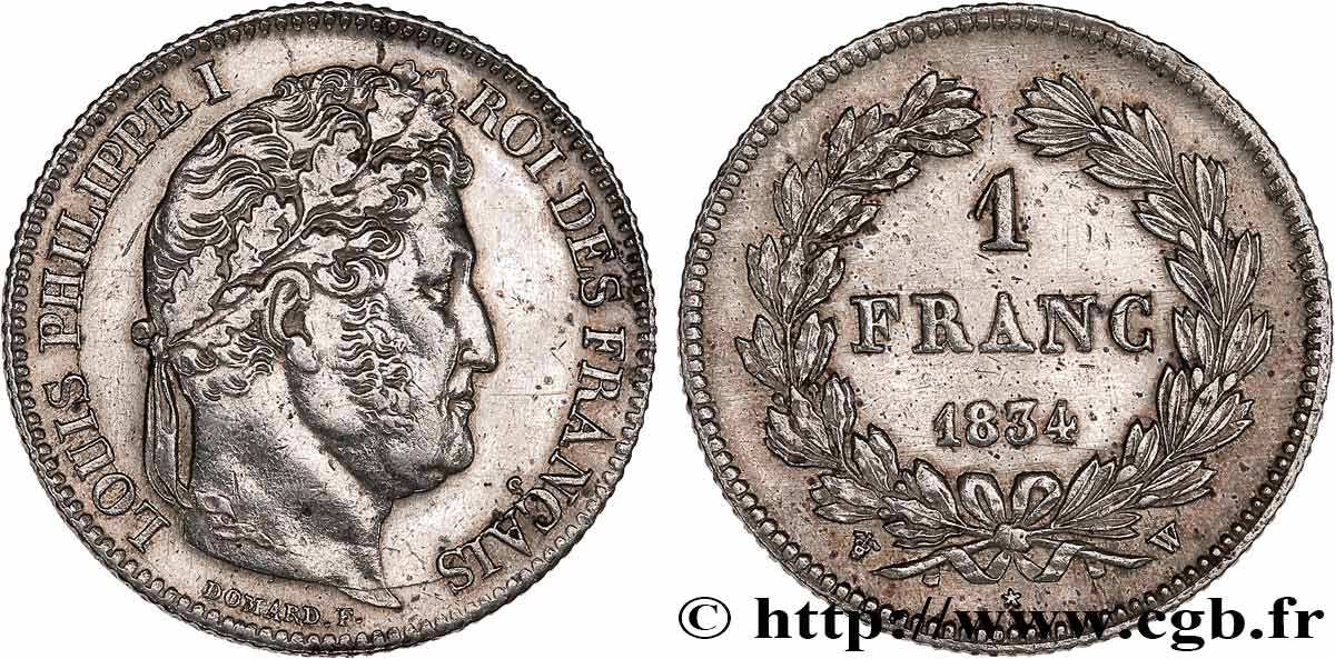 1 franc Louis-Philippe, couronne de chêne 1834 Lille F.210/39 MBC 
