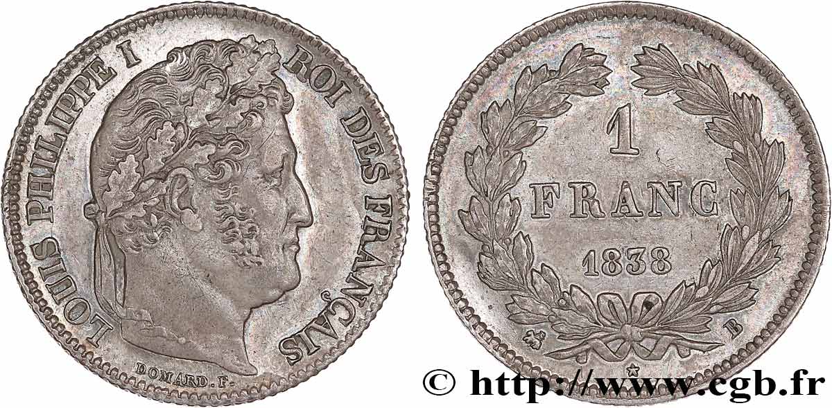 1 franc Louis-Philippe, couronne de chêne 1838 Rouen F.210/63 AU50 