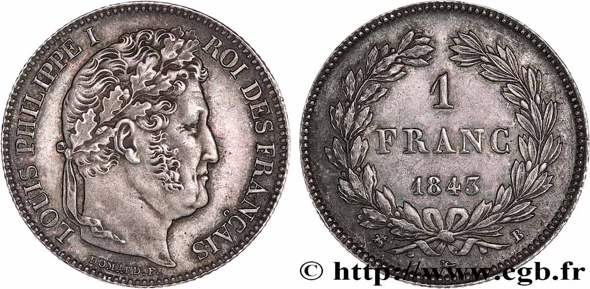 1 franc Louis-Philippe, couronne de chêne 1843 Rouen F.210/91 TTB+ 
