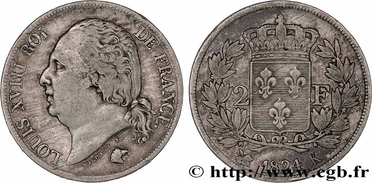 2 francs Louis XVIII 1824 Bordeaux F.257/57 VF 