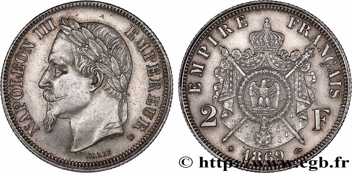 2 francs Napoléon III, tête laurée 1869 Strasbourg F.263/11 SUP 