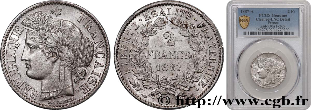 2 francs Cérès, avec légende 1887 Paris F.265/13 MS PCGS