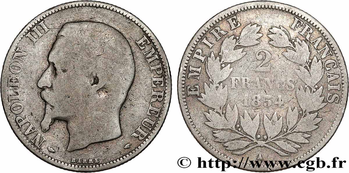 2 francs Napoléon III, tête nue 1854 Paris F.262/2 B10 