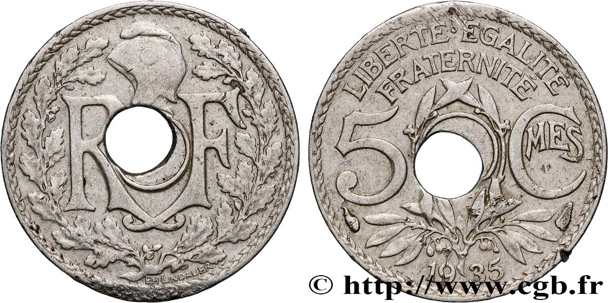 5 centimes Lindauer, petit module, trou décentré 1935 Paris F.122/18 var. TTB 