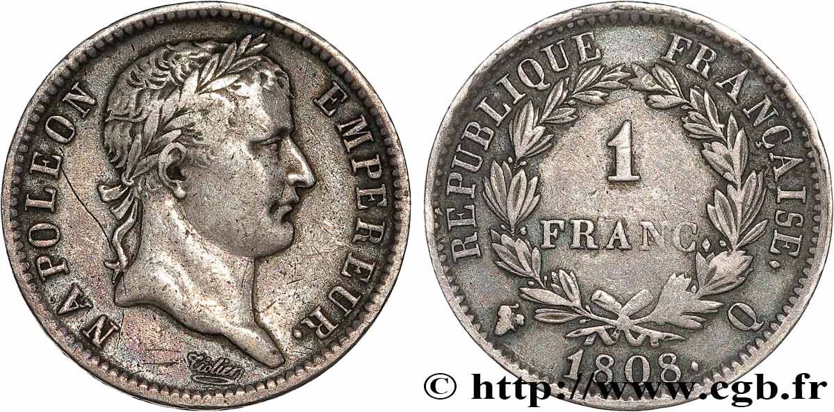 1 franc Napoléon Ier tête laurée, République française 1808 Perpignan F.204/12 TB+ 
