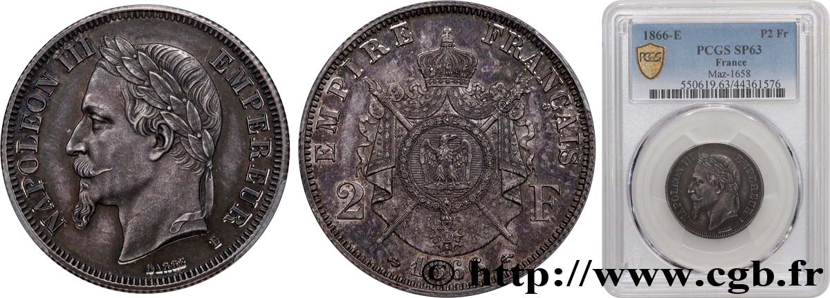 Essai de 2 francs Napoléon III, tête laurée 1866 Paris Maz.1658  SPL63 PCGS