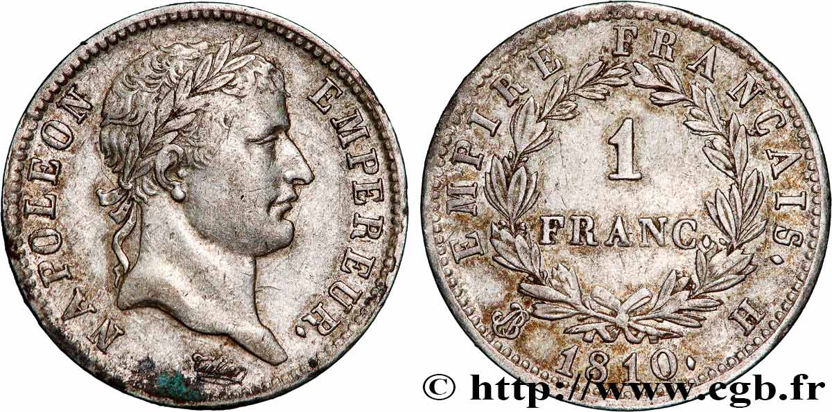 1 franc Napoléon Ier tête laurée, Empire français 1810 La Rochelle F.205/17 XF45 