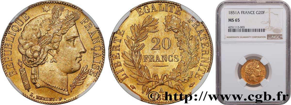 20 francs or Cérès 1851 Paris F.529/4 FDC65 NGC