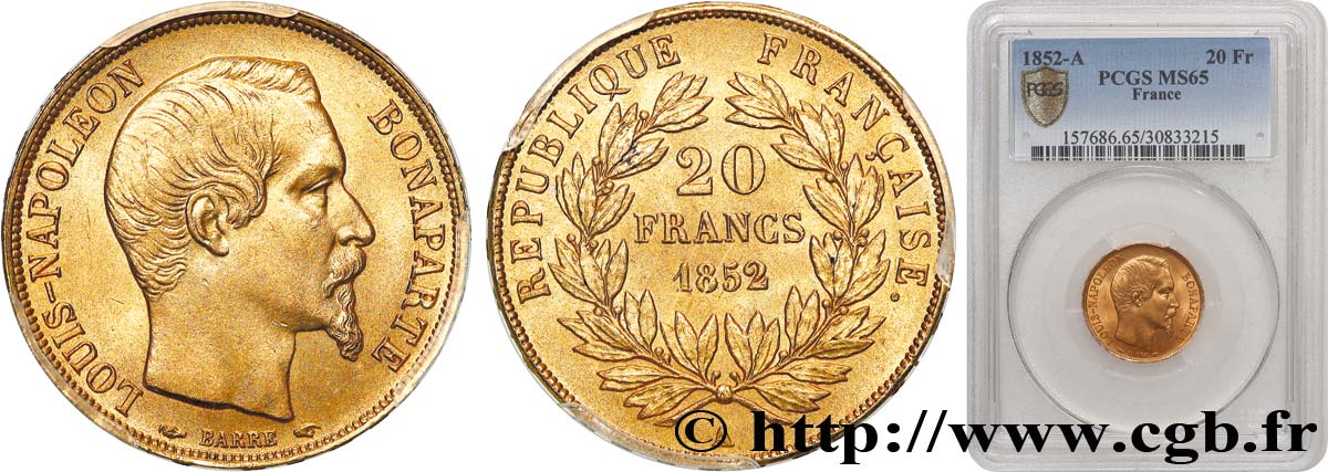 20 francs or Louis-Napoléon 1852 Paris F.530/1 MS65 PCGS