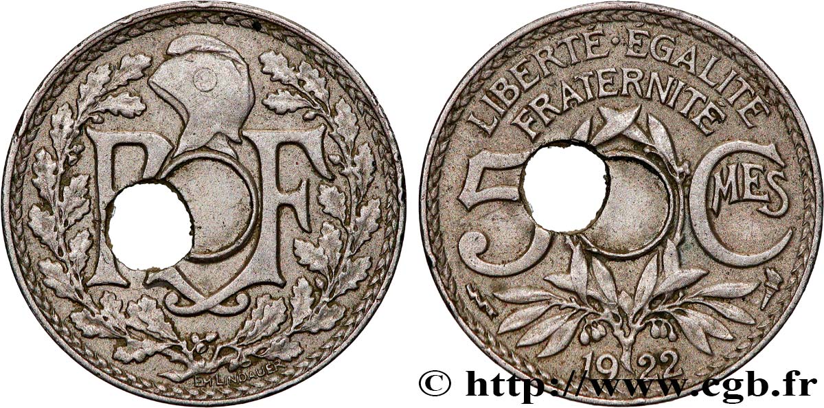 5 centimes Lindauer petit module, trou décentré 1922 Poissy F.122/5 var. TTB 