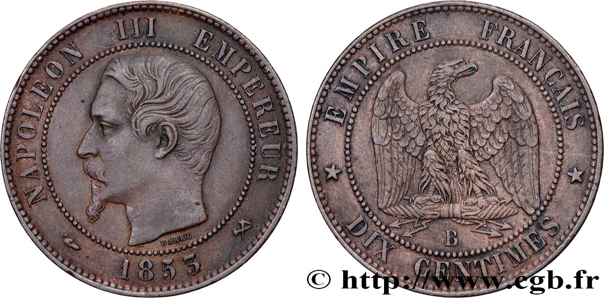 Dix centimes Napoléon III, tête nue 1853 Rouen F.133/3 TTB+ 