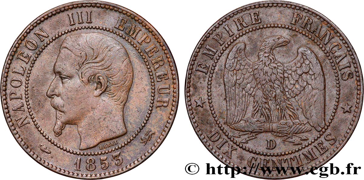 Dix centimes Napoléon III, tête nue 1853 Lyon F.133/5 TTB45 