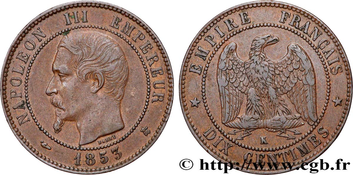 Dix centimes Napoléon III, tête nue 1853 Bordeaux F.133/6 XF45 