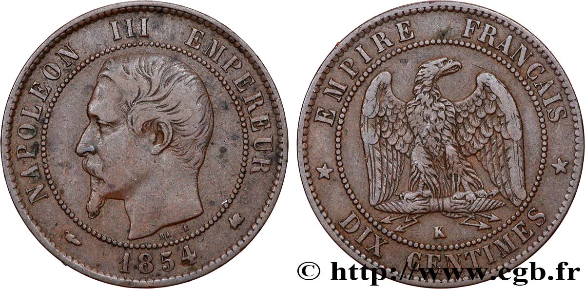 Dix centimes Napoléon III, tête nue 1854 Bordeaux F.133/15 TTB40 
