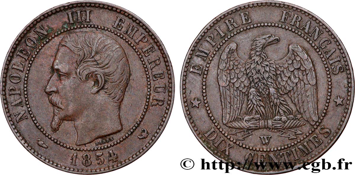 Dix centimes Napoléon III, tête nue 1854 Lille F.133/18 AU50 