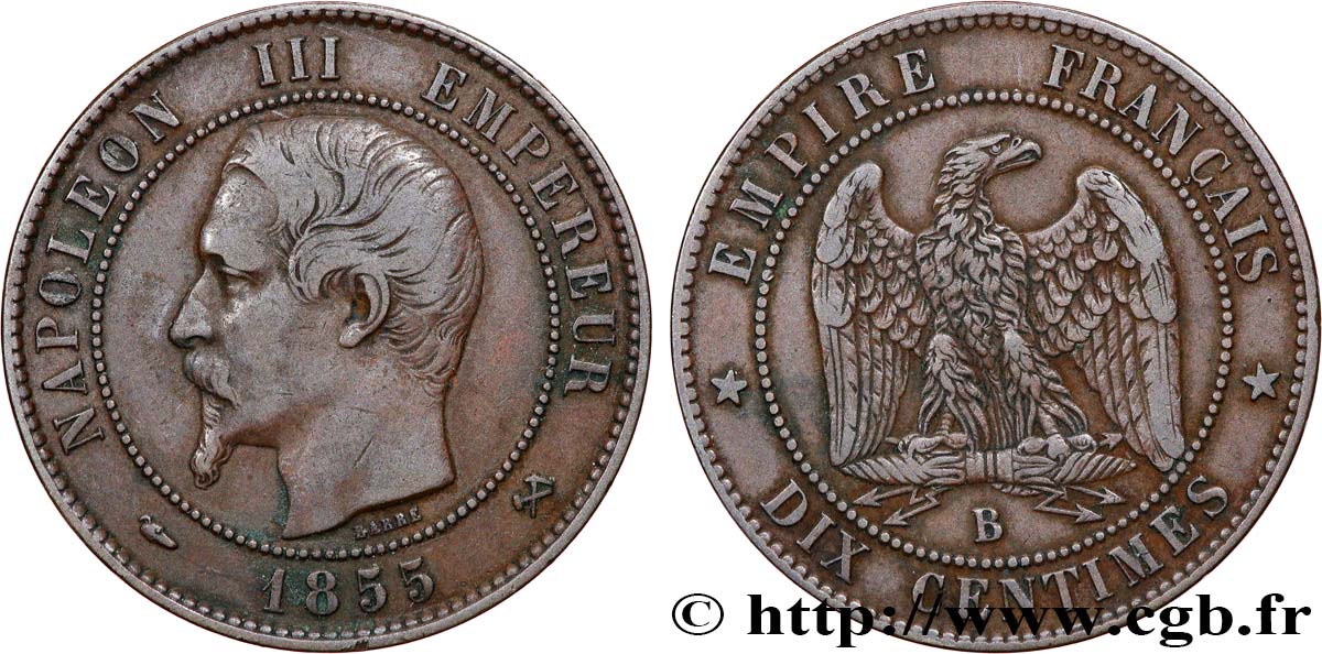 Dix centimes Napoléon III, tête nue 1855 Rouen F.133/21 XF 