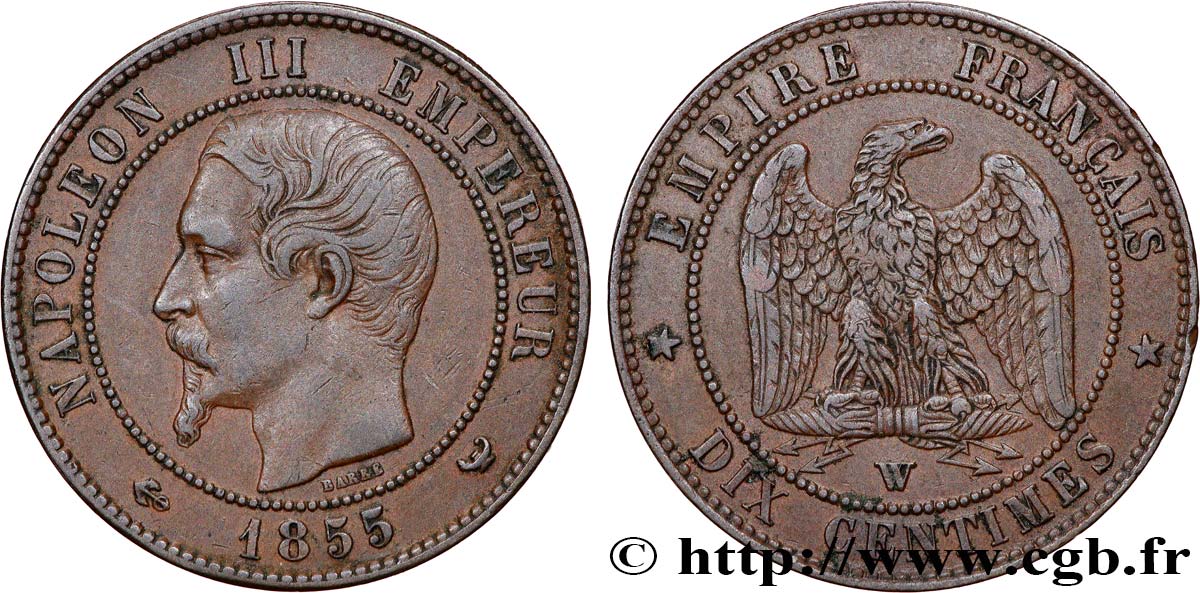 Dix centimes Napoléon III, tête nue 1855 Lille F.133/33 SS45 